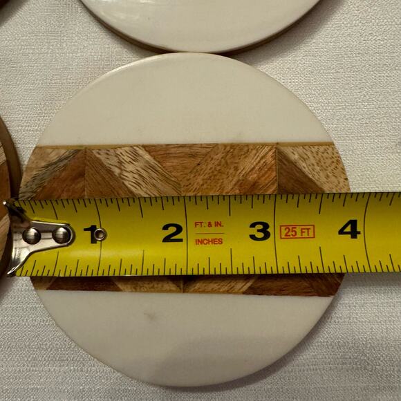 Faux Marble Wood Look Round Coasters Set of 4 Made in India 4" Rustic MCM Style - Picture 3 of 4